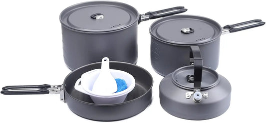 Portable Camping Cookware Set, 10-Piece Stackable Pot and Pan Kit with Kettle, Nonstick, Lightweight for Hiking, Backpacking