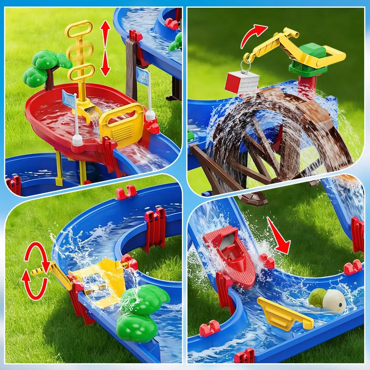 VATOS Summer Outdoor Retro Manual Irrigation Water Truck Kids Toy 2-Tier Watermill Water Table Fun Water Wheel Drifting Playset Backyard Beach Balcony Garden Toys