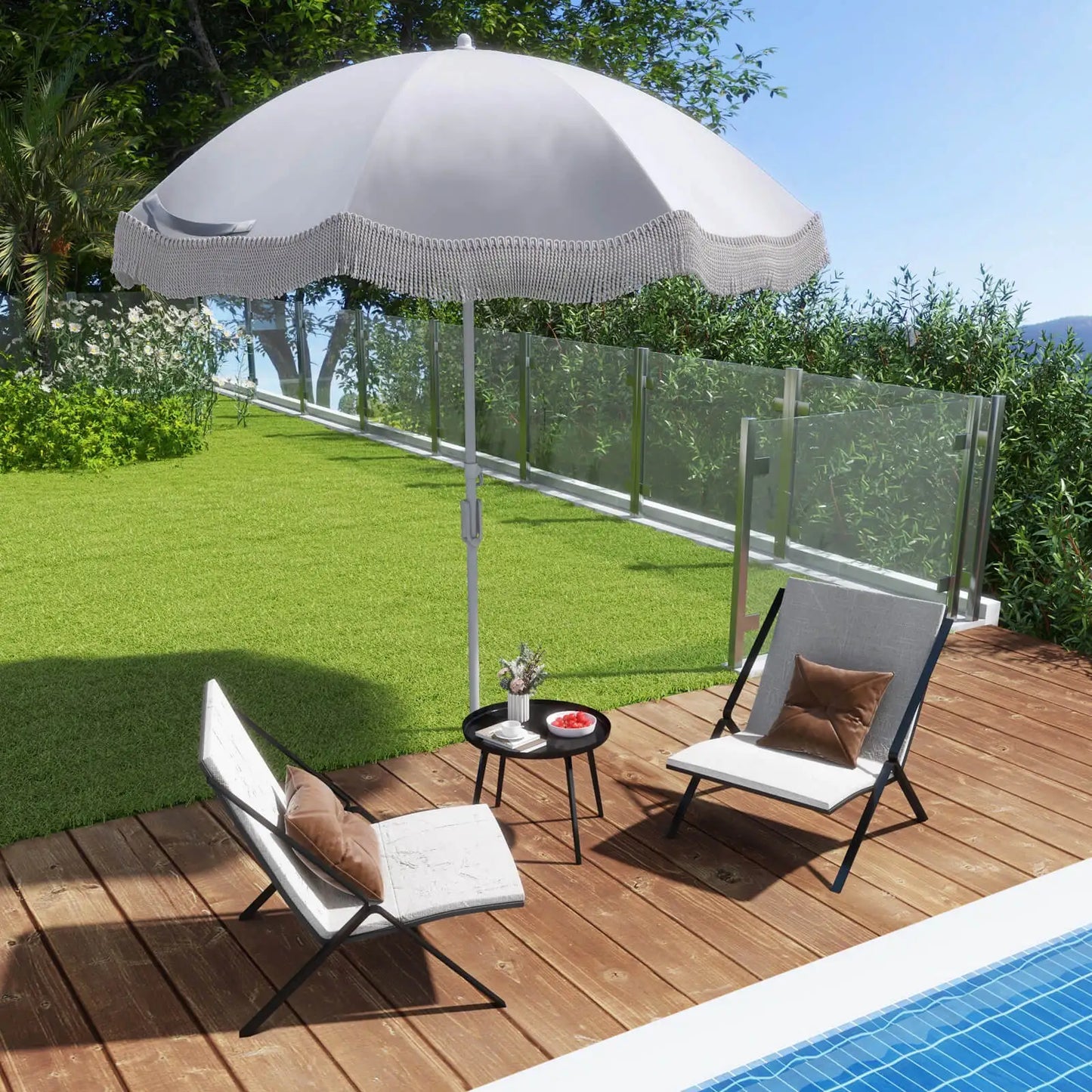 6.5 FT Outdoor Fringe Patio Umbrella w/ Carrying Bag Push Button Tilt for Garden
