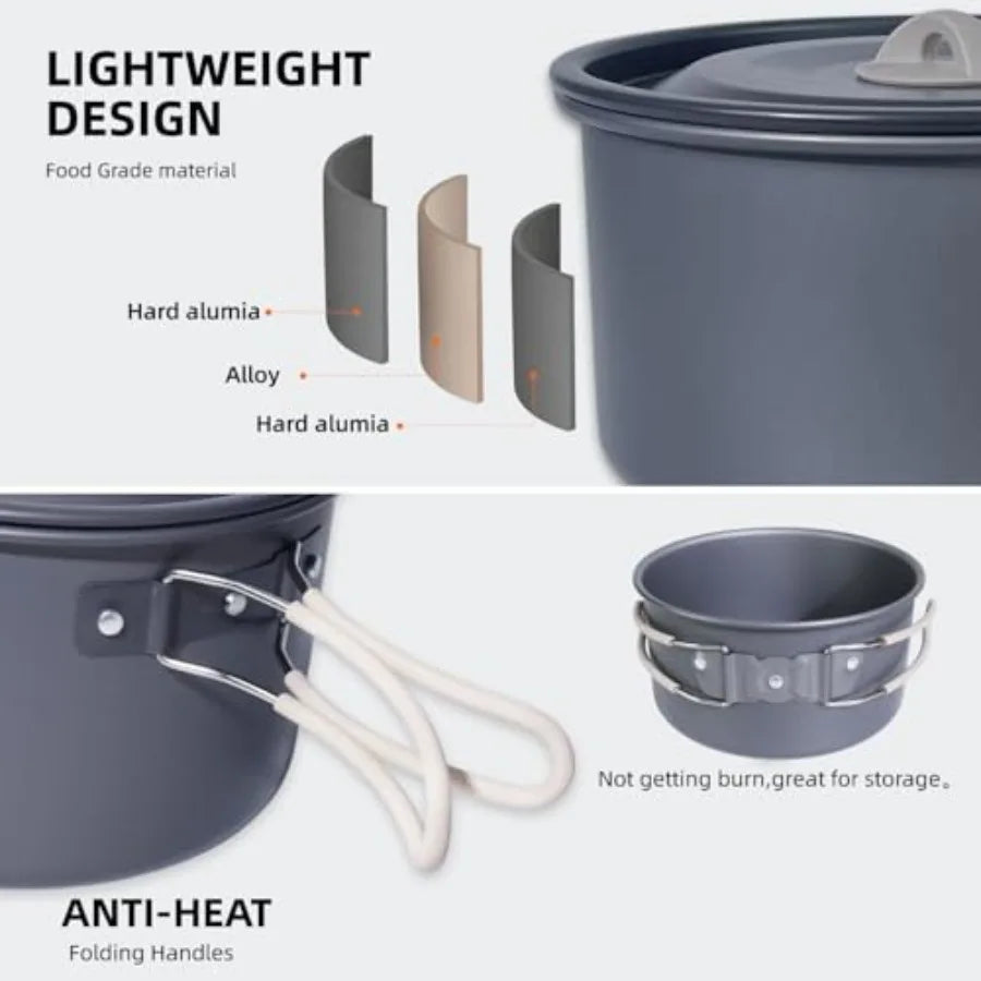 Camping cookware set: aluminum non-stick pots and pans with silicone handles, black-gray color, lightweight and compact for bac