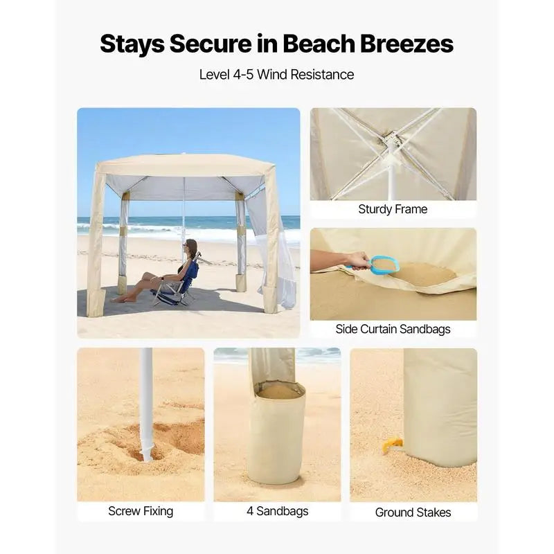 Beach Cabana, 8 x 8 ft Beach Canopy with Side Wall, UPF 50+ Protection Easy Setup Cabana Tent with Sand Pockets, Adjustable Height Portable Shade Sun Shelter Umbrella for Family & Friends, Khaki