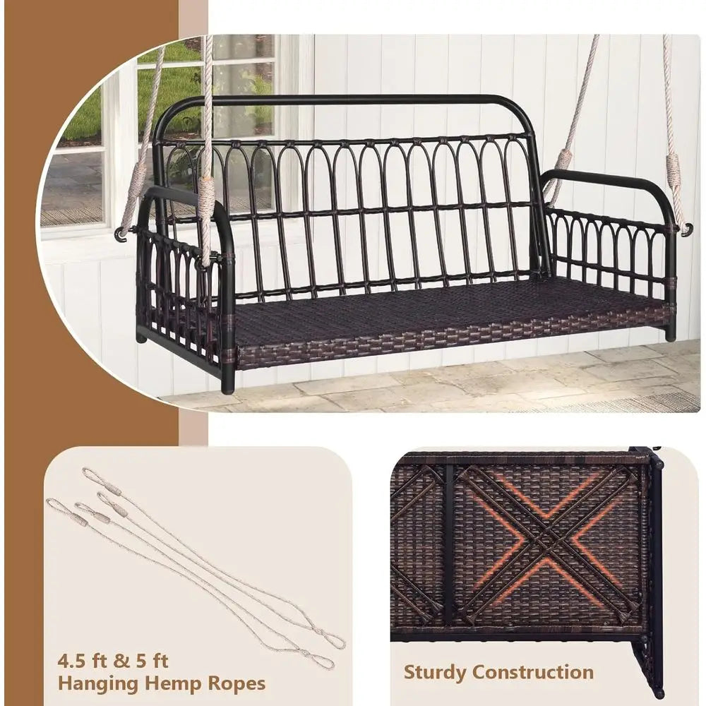 2-Person Outdoor Wicker Swing Bench with Cushions, 880lbs Capacity, Brown & White, Ideal for Patio, Garden, or Poolside