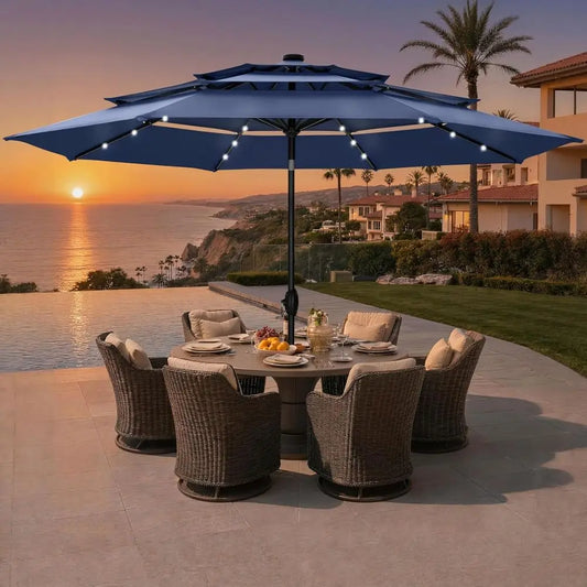 Outdoor 3-Tier Vented Patio Umbrella with 24 LED Lights, Adjustable for Pool, Garden, Navy Blue