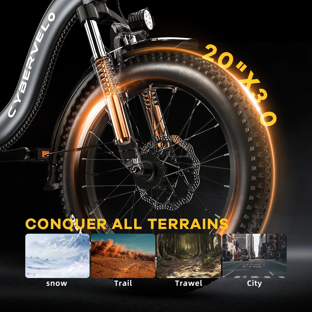 Cybervelo 1000W Electric Bike for Adults 48V 20.8Ah Large Removable Battery Foldable 20 Inch Fat Tire Urban Commuting Mars700