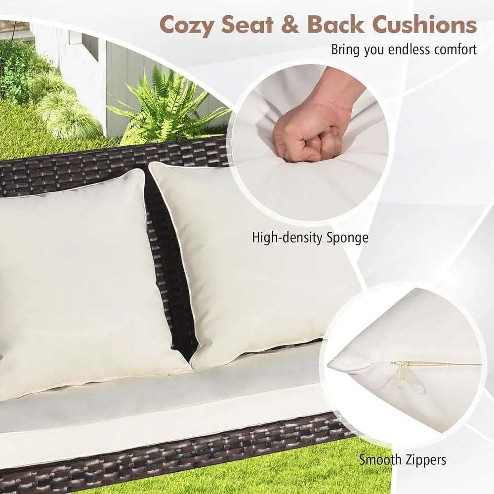 Outdoor Hanging Swing Bench with Cushions, Acacia Wood Armrests, Creamy White