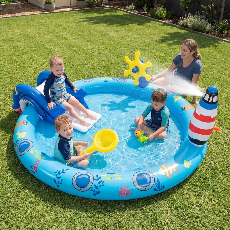 Inflatable Play Center Marine Life Spray Pool with Shark-shaped Slide Lighthouse Sprinkle
