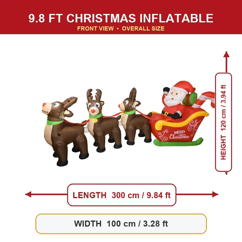 LED Inflatable Santa Sleigh with Three Reindeer Yard Decoration