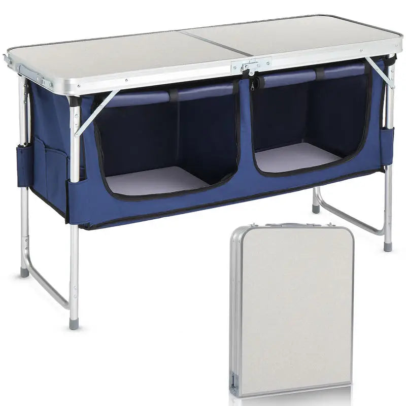 4ft Off-white MDF Desktop Outdoor Folding Table Aluminum Frame Rectangular with Blue Fabric Cabinet 3 Height Adjustments