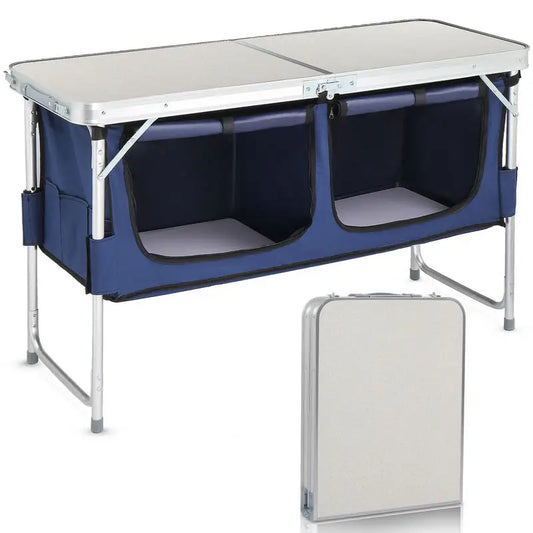4ft Off-white MDF Desktop Outdoor Folding Table Aluminum Frame Rectangular with Blue Fabric Cabinet 3 Height Adjustments