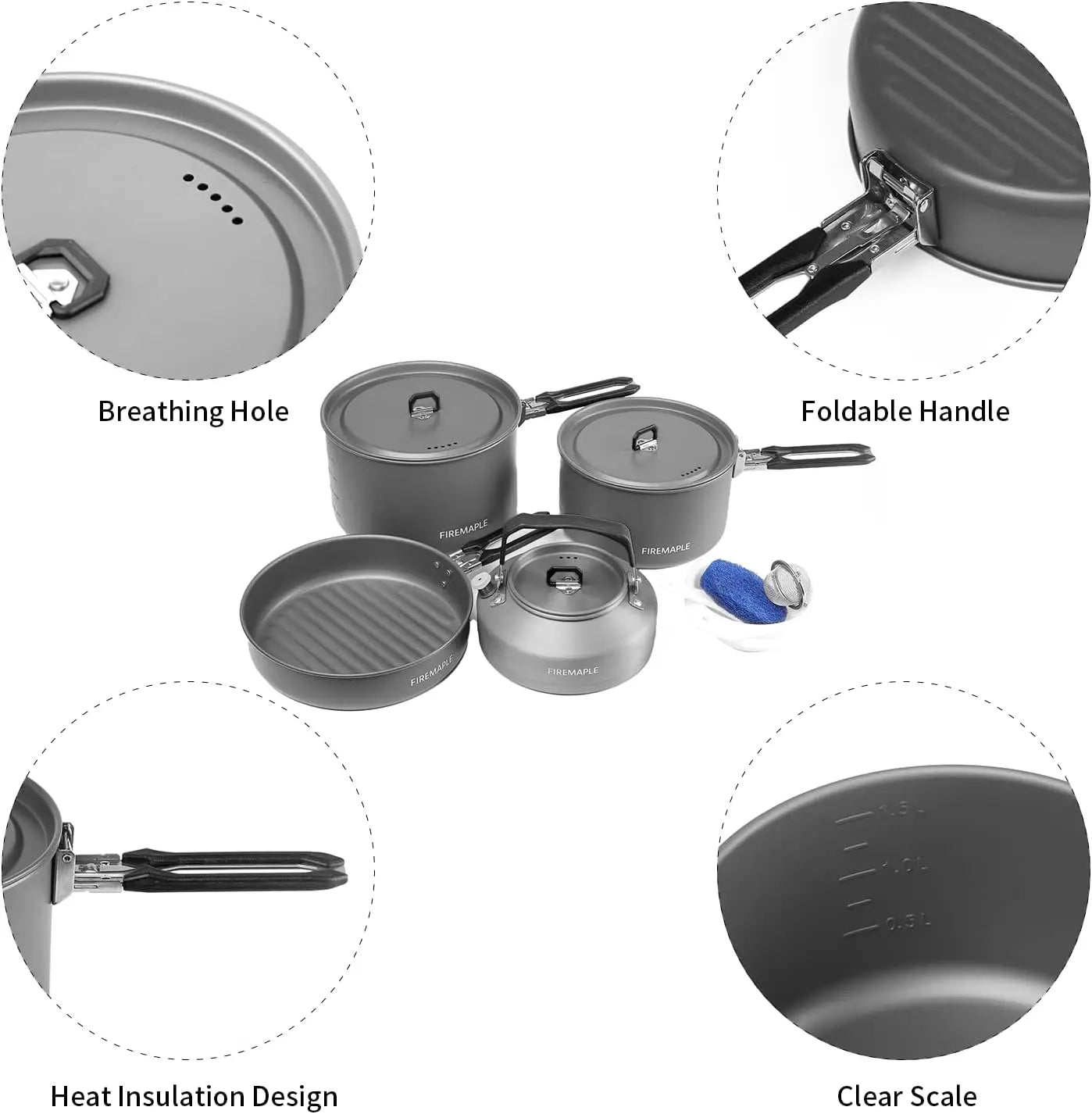 Portable Camping Cookware Set, 10-Piece Stackable Pot and Pan Kit with Kettle, Nonstick, Lightweight for Hiking, Backpacking