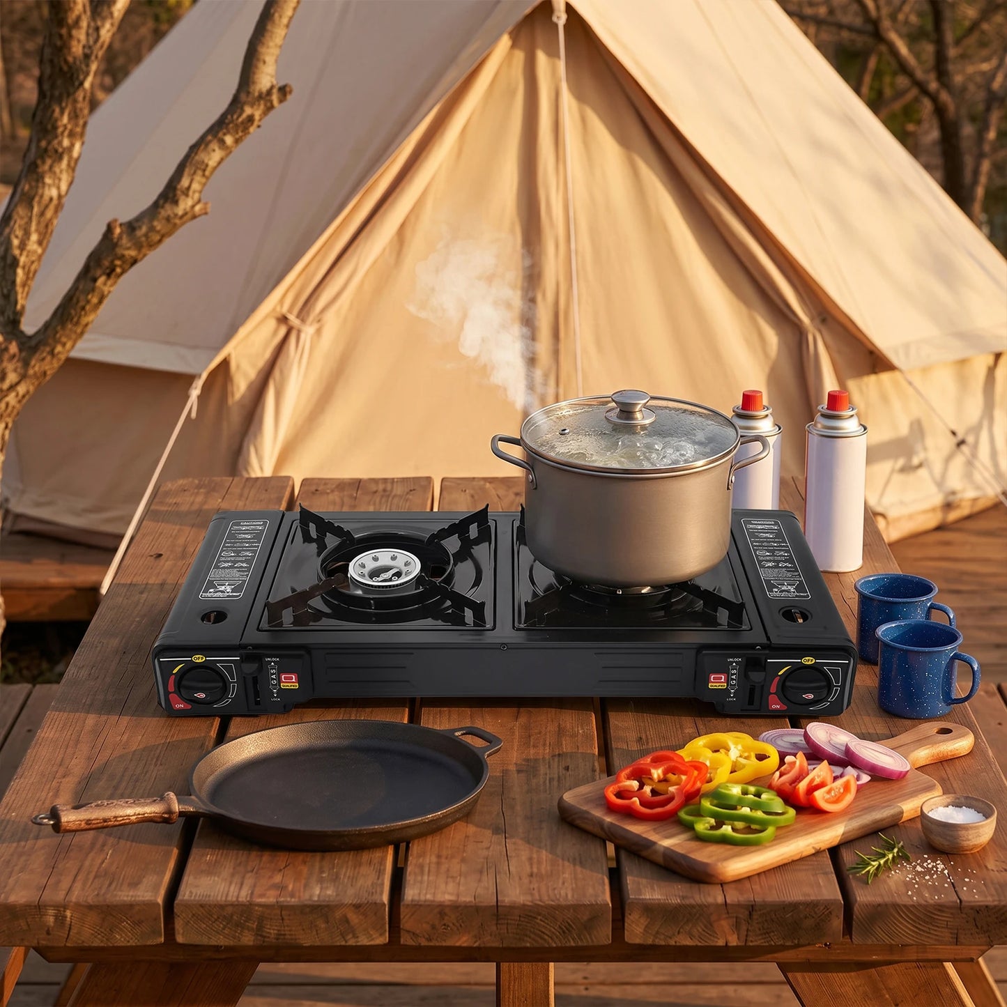 2 Burners Portable Camping Stove with Baking Tray & Carrying Case, Outdoor Gas Stove for Picnic RV Tailgating