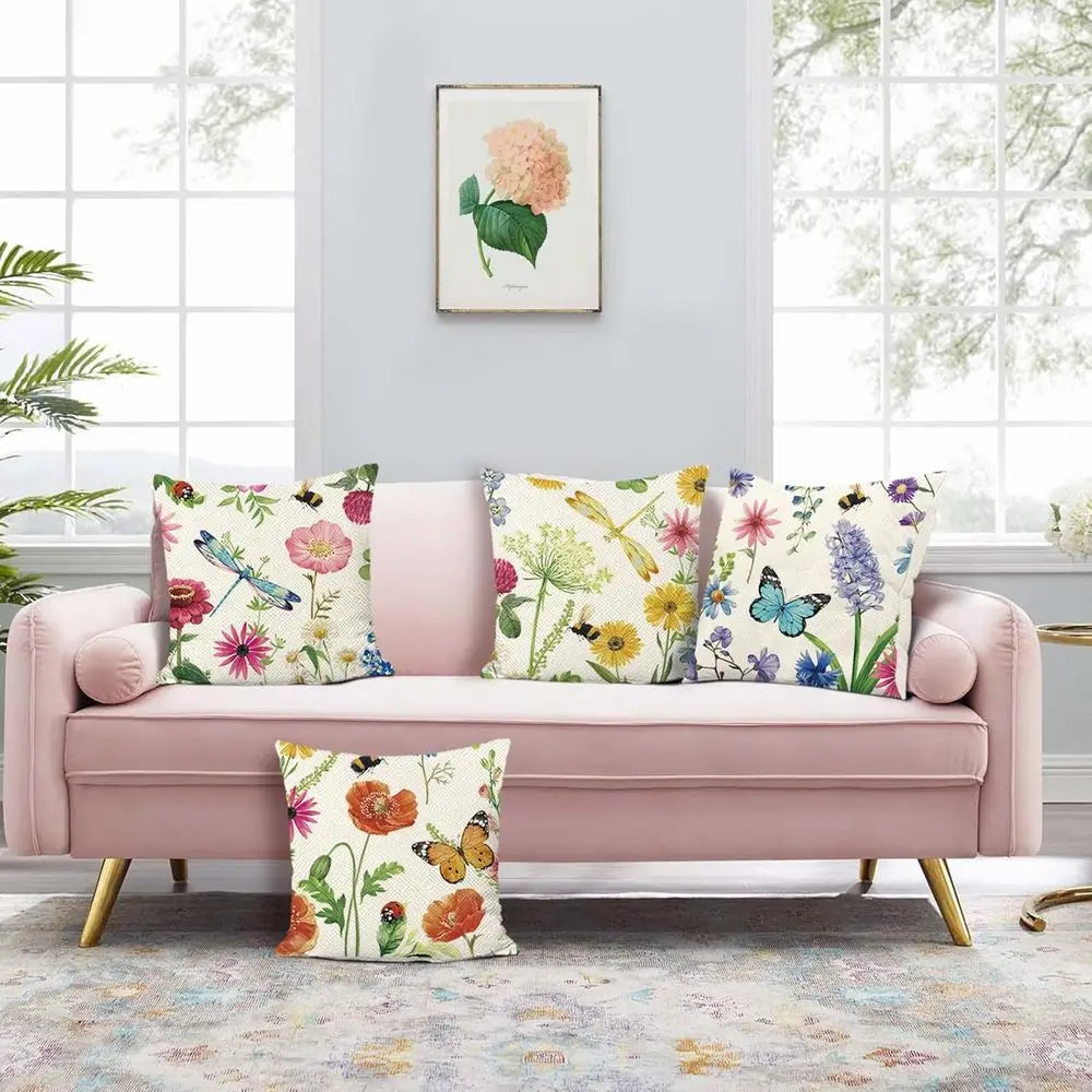 Outdoor Throw Pillow Covers 18x18 Set of 4, Spring Summer Wildflowers Pillow Cases for Patio, Bench, Chair, Swing, Couch, Sofa,
