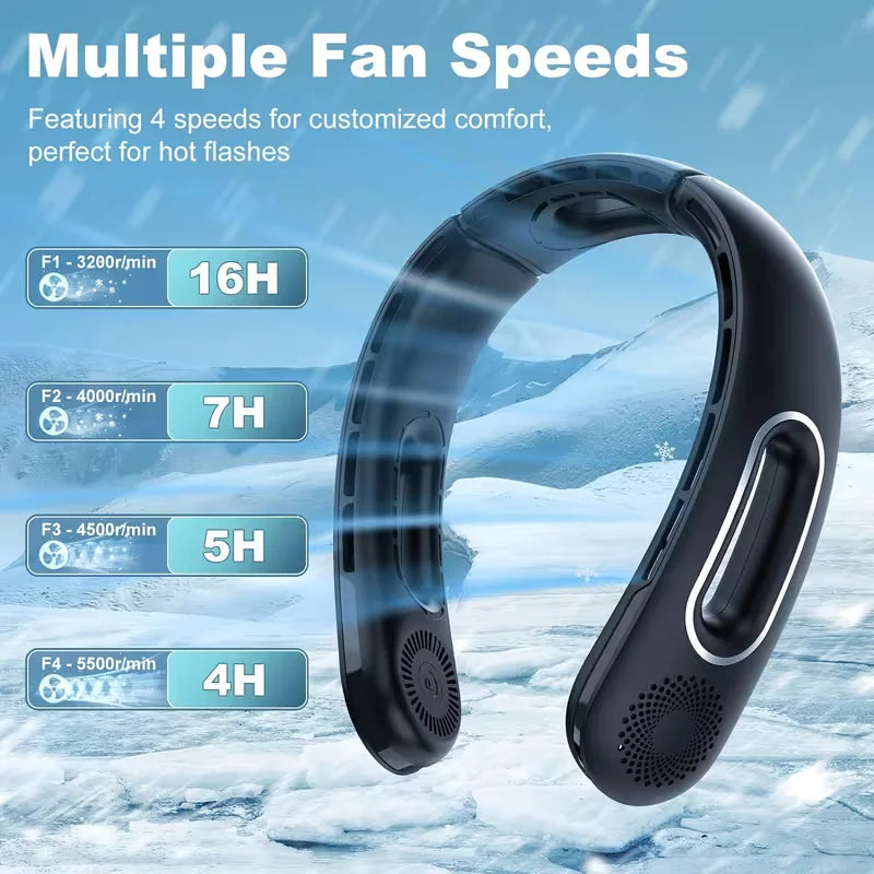 Bladeless Neck Fan, USB Rechargeable 4 Speeds 16H Battery, 360° Hands-Free Wearable Cooling Fan for Travel Office Outdoor