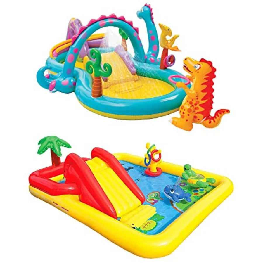 Dinoland Backyard Iatable Toddler Pool and Ocean Iatable Pool Play Center with Iatable Pool Slide and Water Sprayers, Multicolo