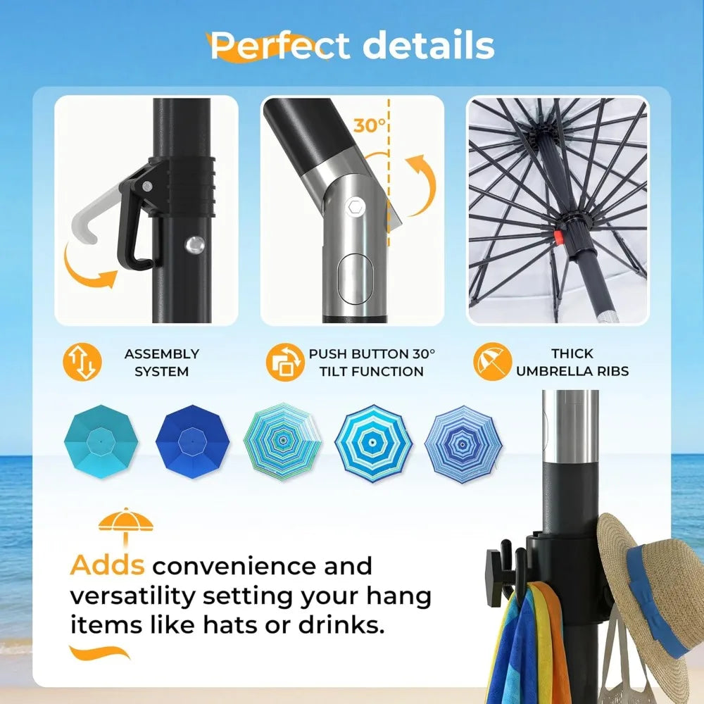 7FT Large Beach Umbrella with Weight Bag Sand Anchor Adjustable Aluminum Pole Table Windproof UPF 50