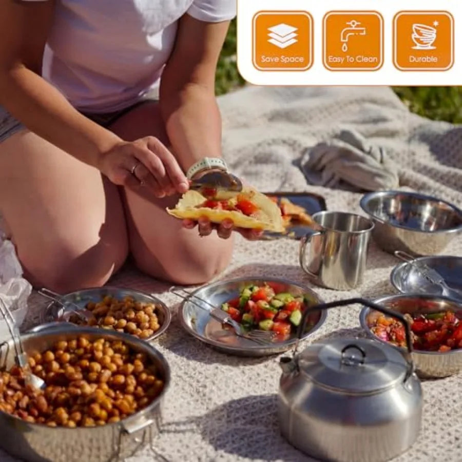 Camping cookware kit: stainless steel pots, cups, plates, forks, knives, spoons silver, durable, lightweight, for camping, back