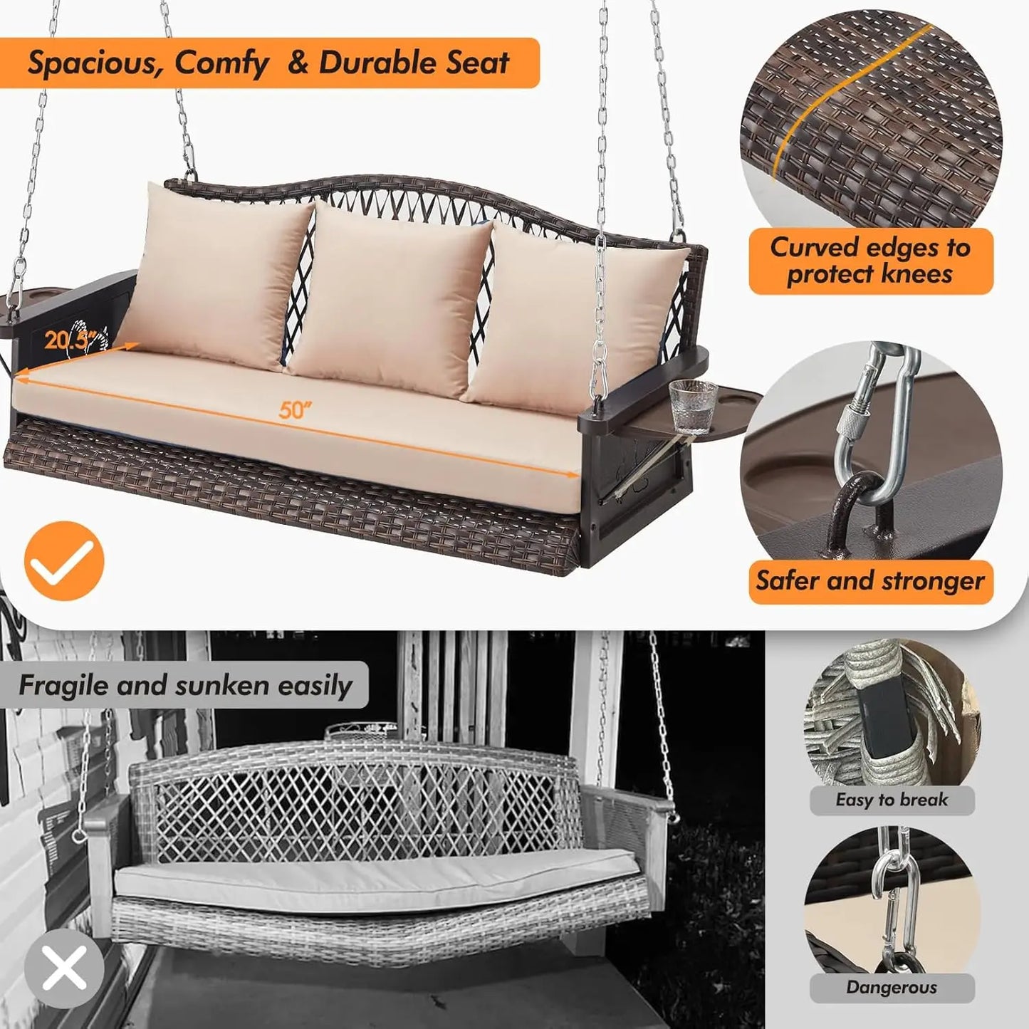Outdoor Patio Swing Chair Bench for Adults - Wicker, 900lbs Heavy Duty, 8.9ft Hanging Chains, Cushions and Cup Holder