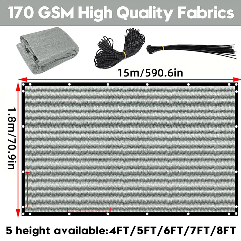 6x50ft gray Heavy Duty Fence Privacy Screen Fence Covering Privacy with Straps & Brass Grommets, 90% Privacy Blockage Mesh Shade Net for Balcony Yard Outdoor Pool