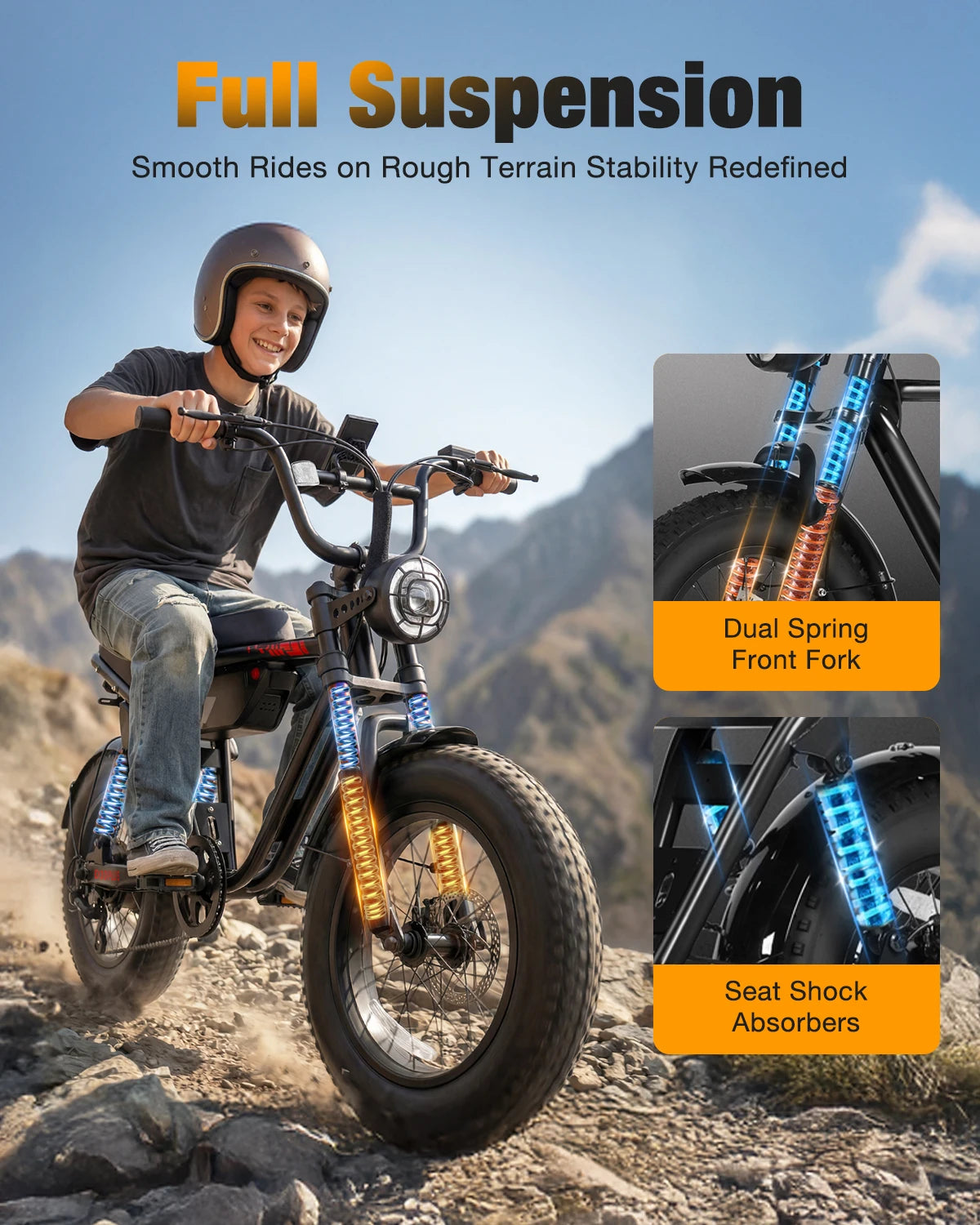ActBest Blaze Plus Electric Bike, 16" Fat Tires Electric Mountain Bike, 1500W Peak Motor 48V 15.6Ah, 30 MPH 75Mi Range Off-Road Ebike with Full Suspension