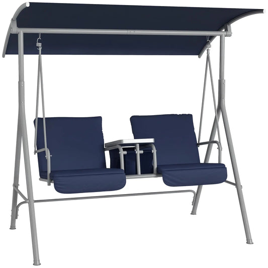 Blue Dual-Seat Outdoor Hanging Swing With Canopy, Center Table, Two Cup Slots, And Padded Cushions For Garden Or Deck