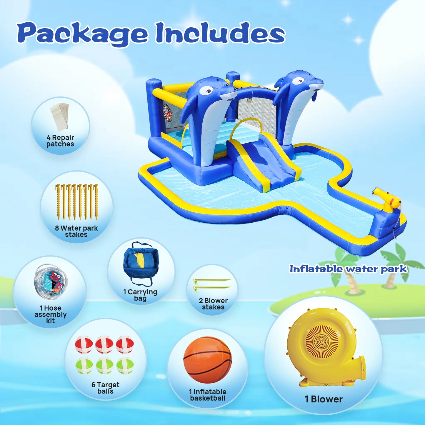 Inflatable Bounce House Wet Dry Water Slide Kids Jumping Castle For Outdoor Backyard with Dolphin sprinkler & Target games