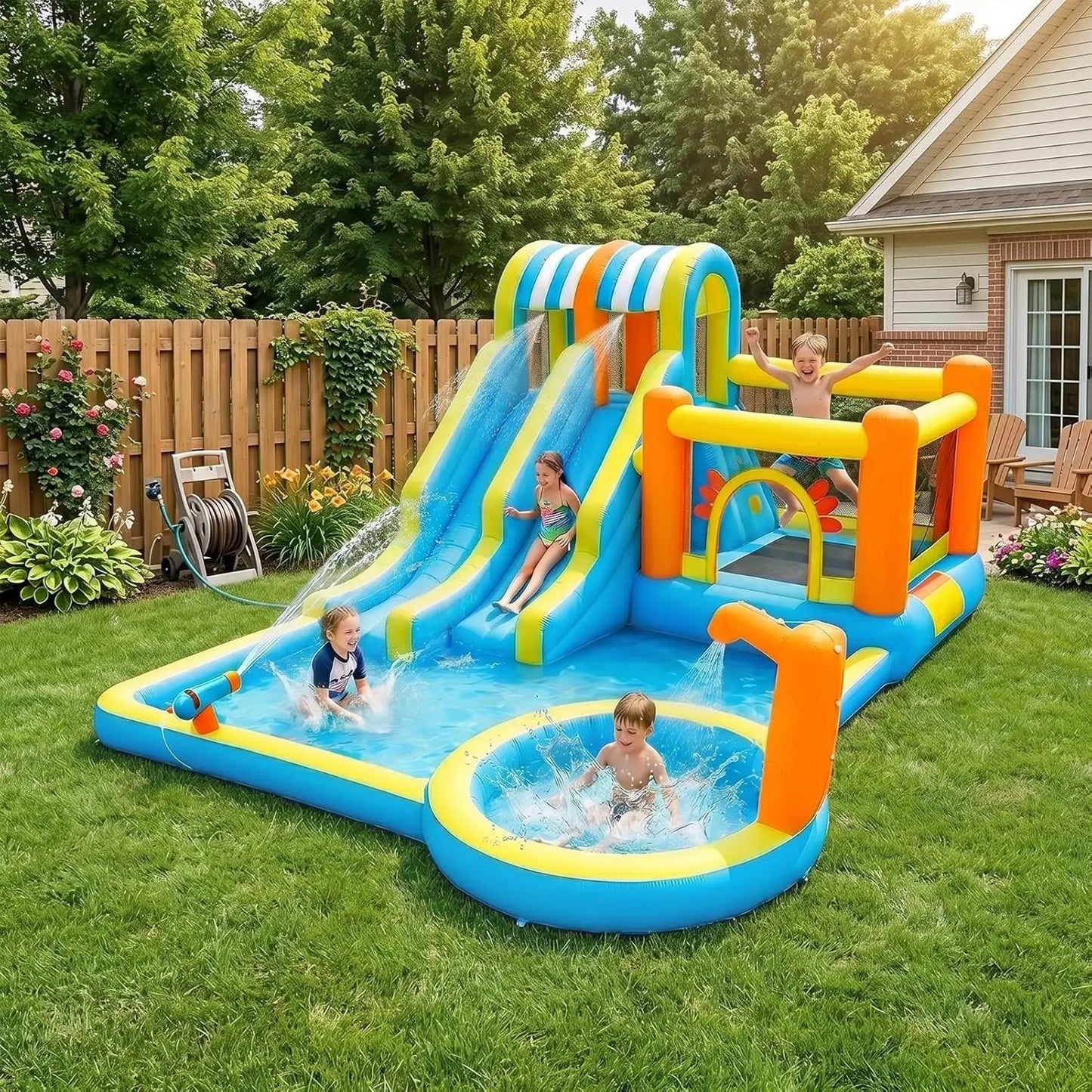 16ft Inflatable Water Slide Park for Kids, Heavy Duty Blow Up Water Bounce House, Backyard Inflatable Water Play Center with 620W Blower, Water Hose Kit, Ground Stakes & Storage Bag