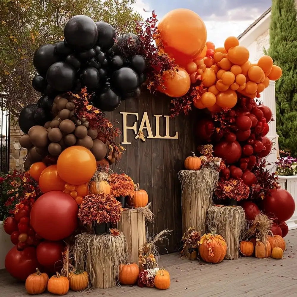 Halloween Balloon Garland, Double Stuffed Black Orange Red Dark Burgundy Brown Balloon Arch Kit for Halloween Decor Spooky Trick or Treat Fall Party Decorations