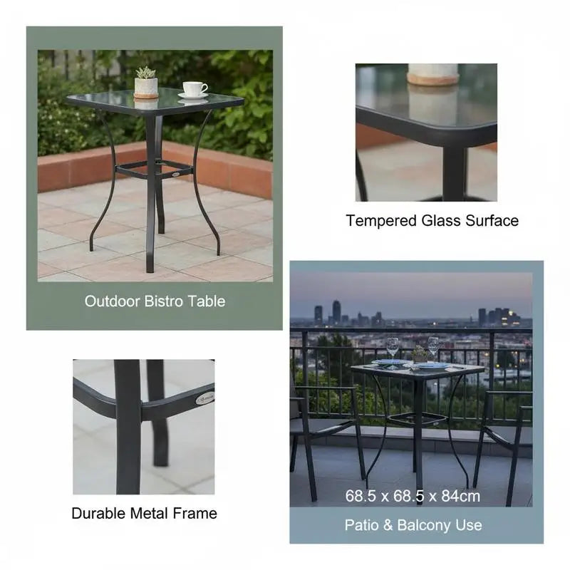 Garden table, bistro table, glass table, tempered glass + metal, black, L68.5 x W68.5 x H84 cm
