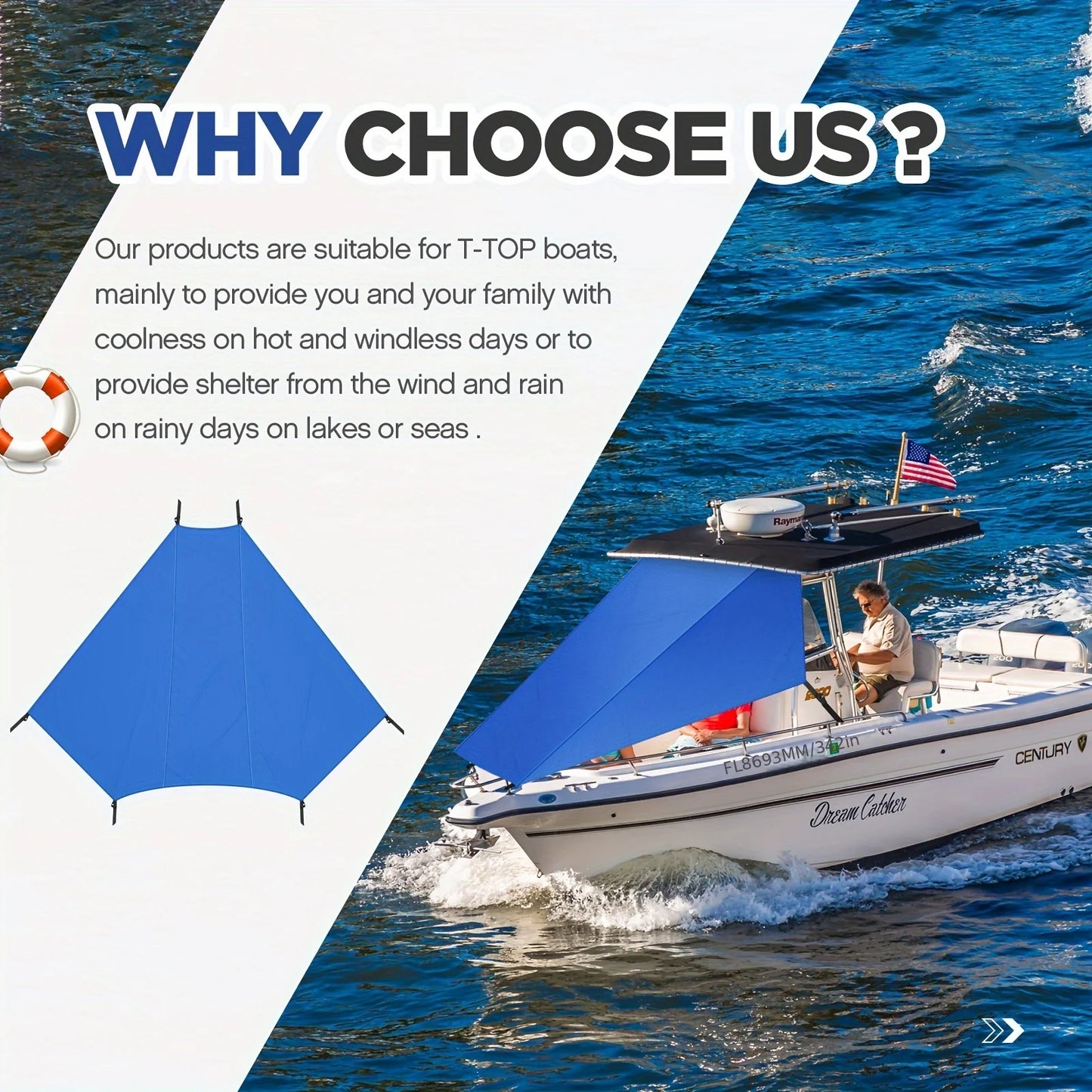 Length 9' X Width 10' T Top Bow Shade for Boat UV Protection 600d Oxford Cloth Boat Canopy Waterproof Navy  Tent Sun Shade Extension for Hot Cloudless Day