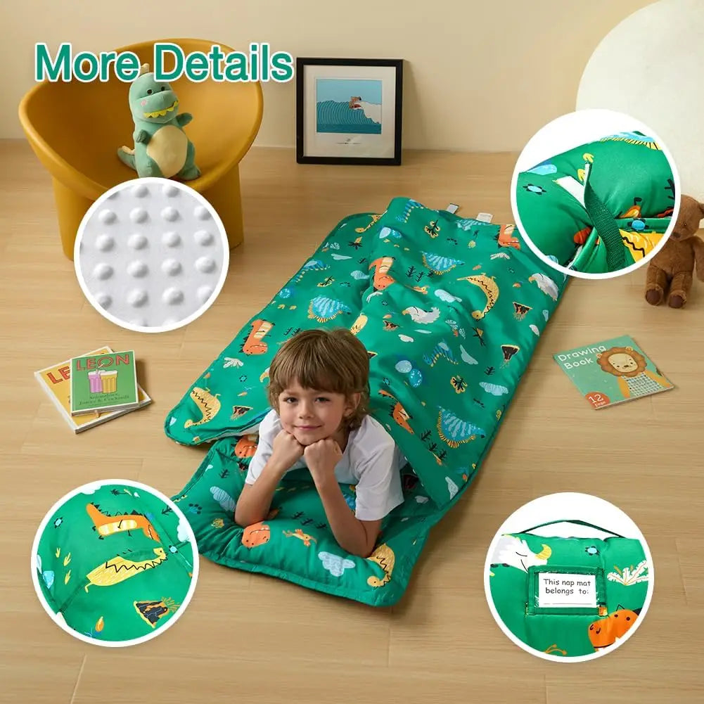Toddler Nap Mat, Rollup Sleeping Bag with Removable Pillow & Minky Blanket for Daycare Preschool Travel Camping