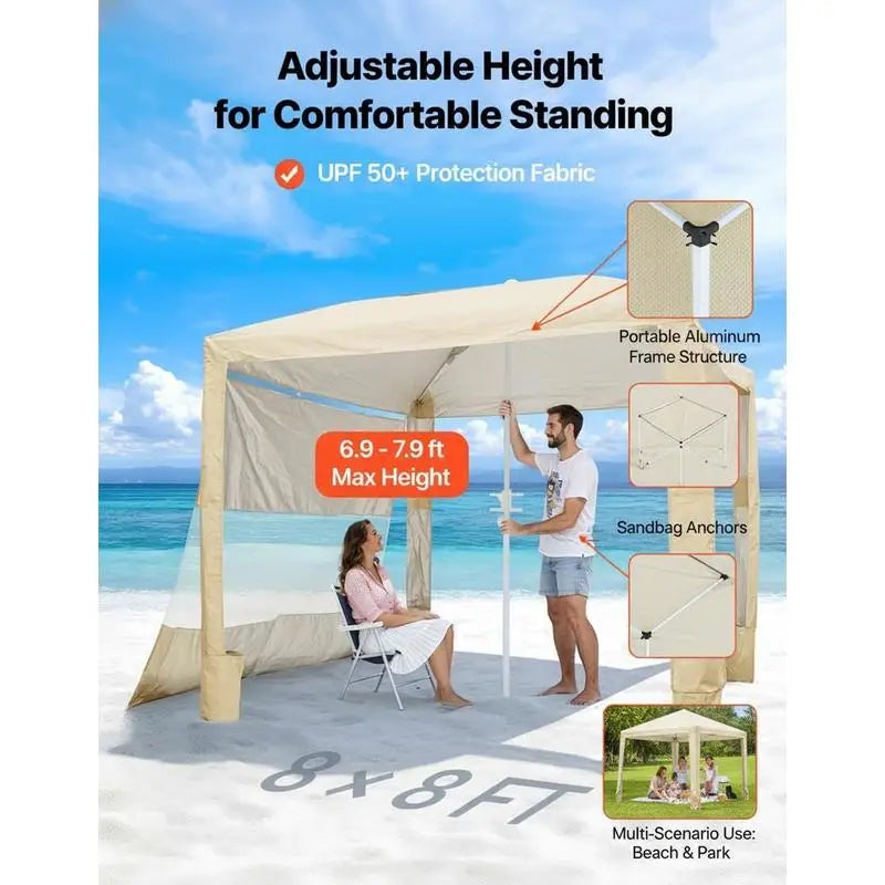 Beach Cabana, 8 x 8 ft Beach Canopy with Side Wall, UPF 50+ Protection Easy Setup Cabana Tent with Sand Pockets, Adjustable Height Portable Shade Sun Shelter Umbrella for Family & Friends, Khaki