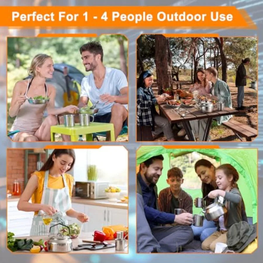 Camping cookware kit: stainless steel pots, cups, plates, forks, knives, spoons silver, durable, lightweight, for camping, back