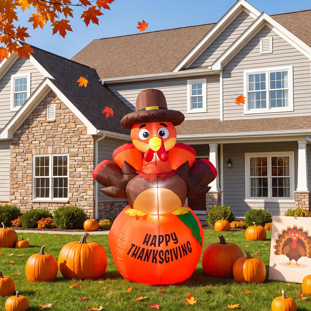 HiMISS Thanksgiving Pumpkin Turkey Inflatable Yard Decor With LED Lights