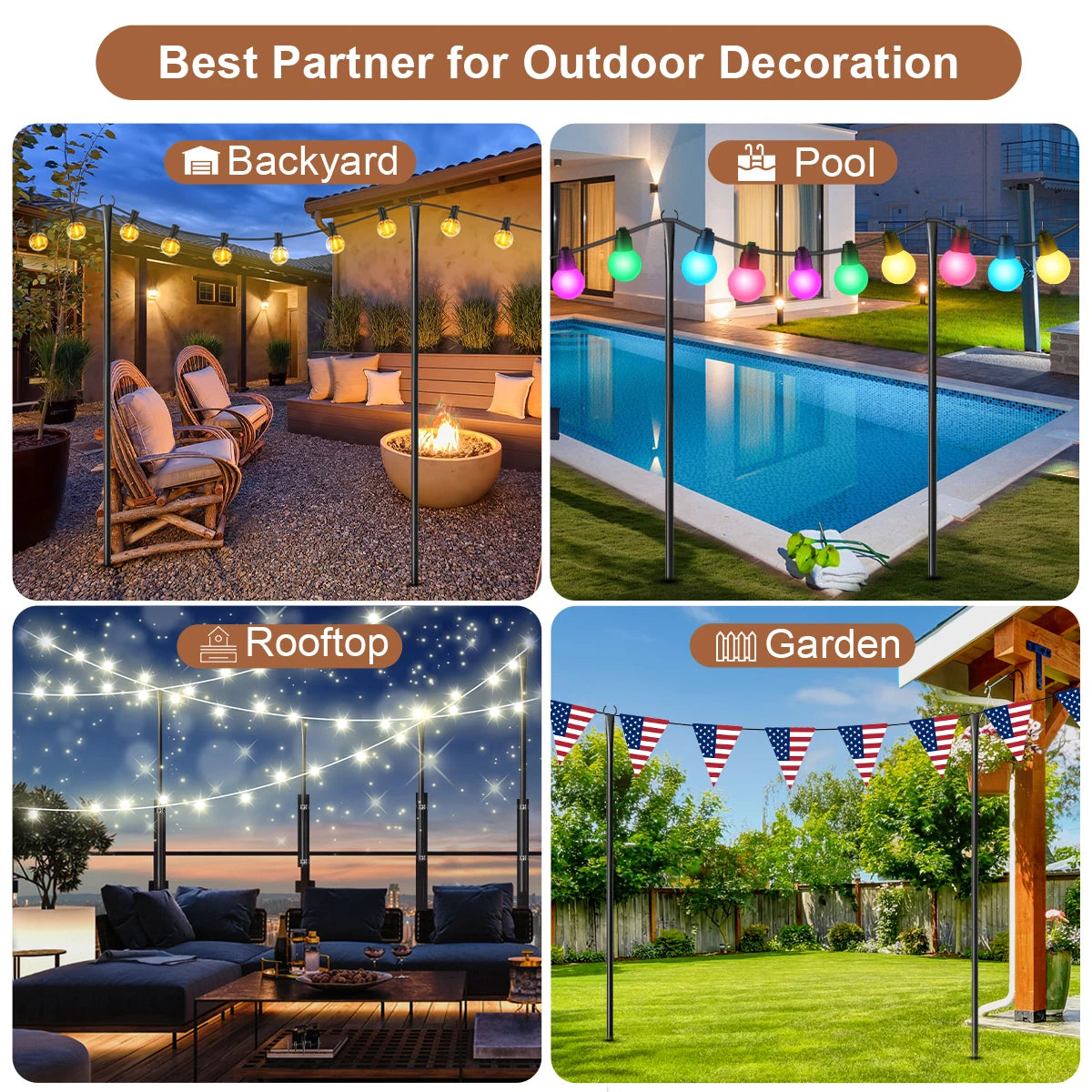Aiop Adjustable Metal String Light Pole For Outdoor Patio Decor