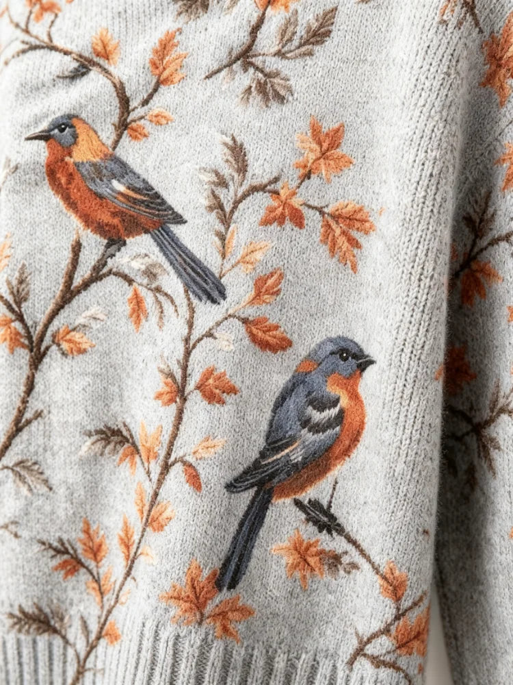 Women's Printed Knitted Pullover, Loose and Casual, Soft and Warm, Light Blue Retro Bird-Pattern Watercolor Leaf Design Round-Neck Long-Sleeved Daily Fall/Winter Layered Sweater