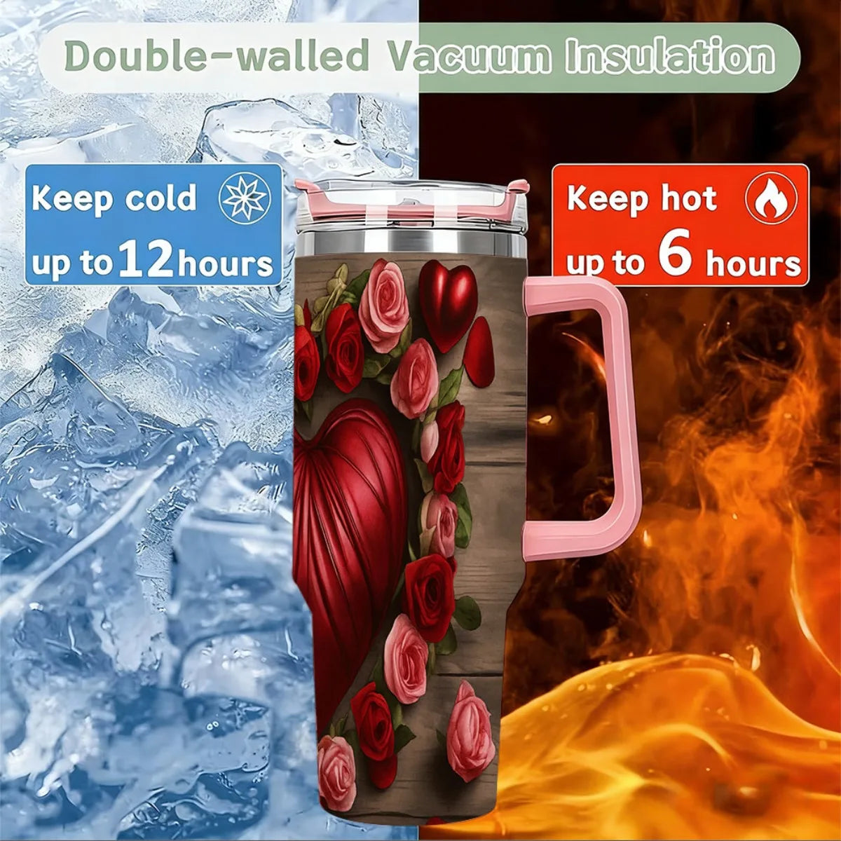 1pc 40oz Stainless Steel Tumbler with Straw - Heart & Rose Design Insulated for Hot & Cold Drinks Ideal for Mother's Day Outdoor Travel Car Cup Holder Compatible Car Beverage Holder Floral Tum