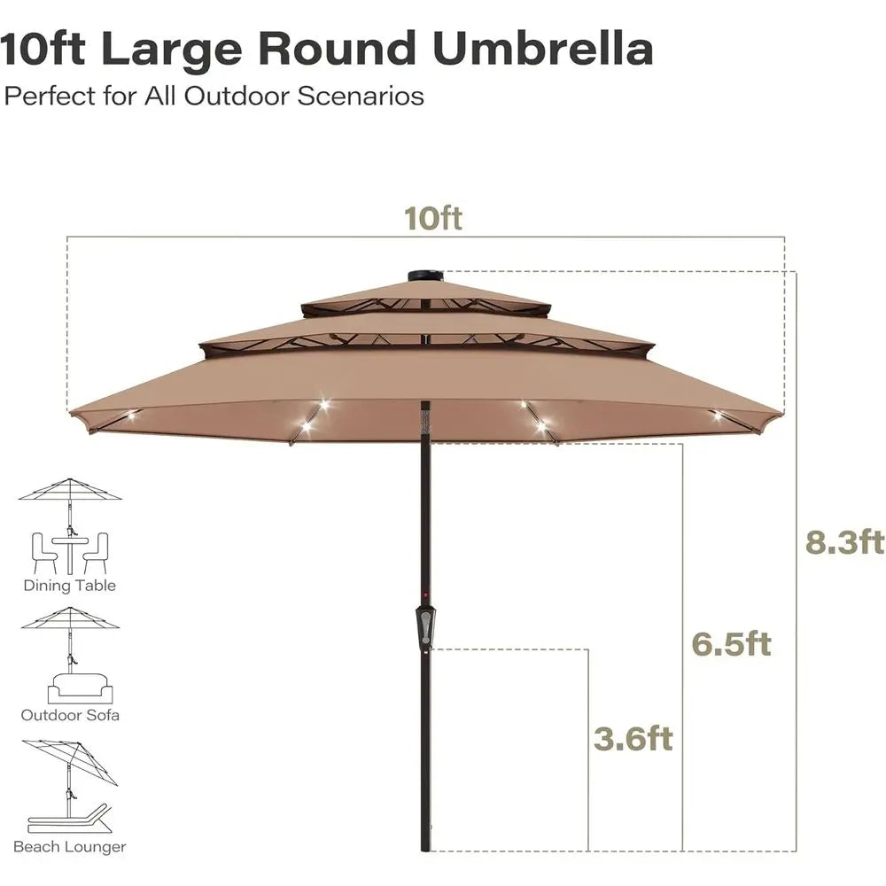 10-Foot LED Patio Umbrella with Crank and 3-Tier Canopy, 8-Rib Outdoor Market Umbrella for Poolside, Garden, Dining, Beige with