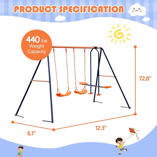 Metal Play Swing Set W/ 2 Seats 1 Glider Outdoor Playground 440lbs Capacity Patio Swings