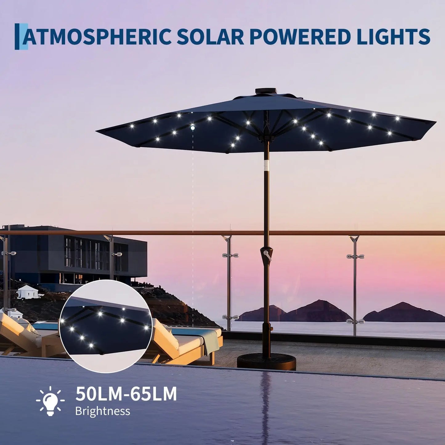 9ft/10ft Solar Patio Umbrella with 32 LED Lights, UPF 50+ UV Protection, Waterproof Fade-Resistant Vented Canopy, Crank Lift & Push-Button Tilt, 8-Rib Market Table Umbrella