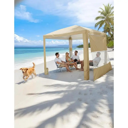 Beach Cabana, 8 x 8 ft Beach Canopy with Side Wall, UPF 50+ Protection Easy Setup Cabana Tent with Sand Pockets, Adjustable Height Portable Shade Sun Shelter Umbrella for Family & Friends, Khaki