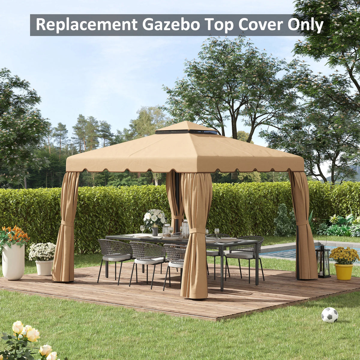 Outsunny 10'X10' Double Roof Gazebo Replacement Canopy Top Cover, Khaki