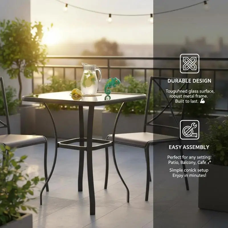 Garden table, bistro table, glass table, tempered glass + metal, black, L68.5 x W68.5 x H84 cm