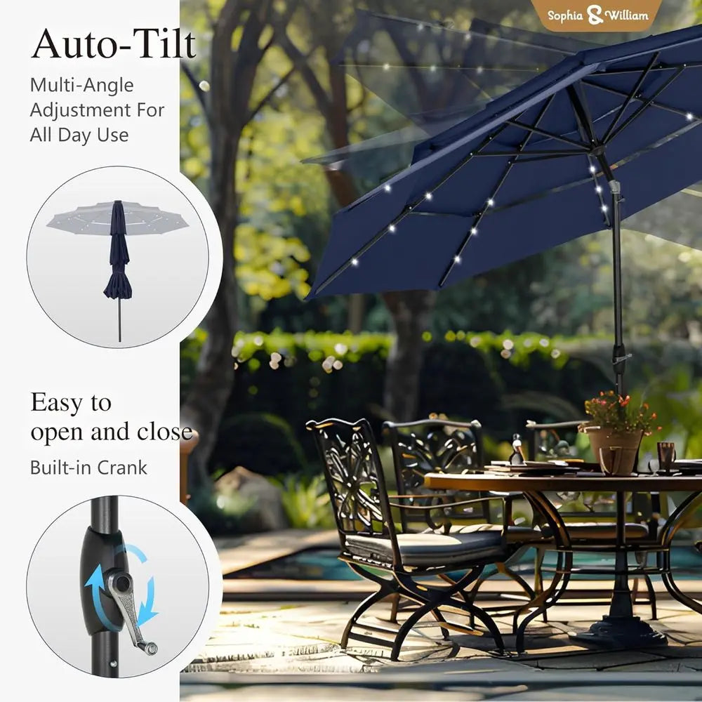 Outdoor 3-Tier Vented Patio Umbrella with 24 LED Lights, Adjustable for Pool, Garden, Navy Blue
