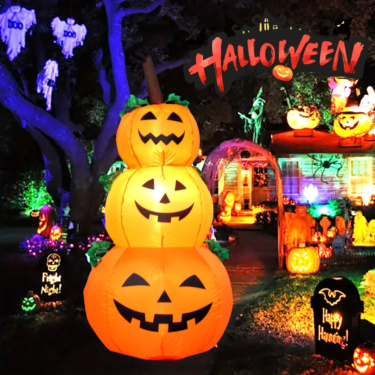3.9FT LED Halloween Inflatable Pumpkin Decoration Stacked Pumpkins Blow Up with Built-in Lights Outdoor Airblown Yard Decor for Garden Lawn Porch Party Glowing Pumpkin Photobooth Prop New Arrivals