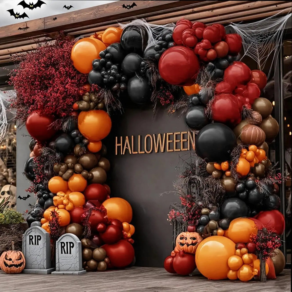 Halloween Balloon Garland, Double Stuffed Black Orange Red Dark Burgundy Brown Balloon Arch Kit for Halloween Decor Spooky Trick or Treat Fall Party Decorations