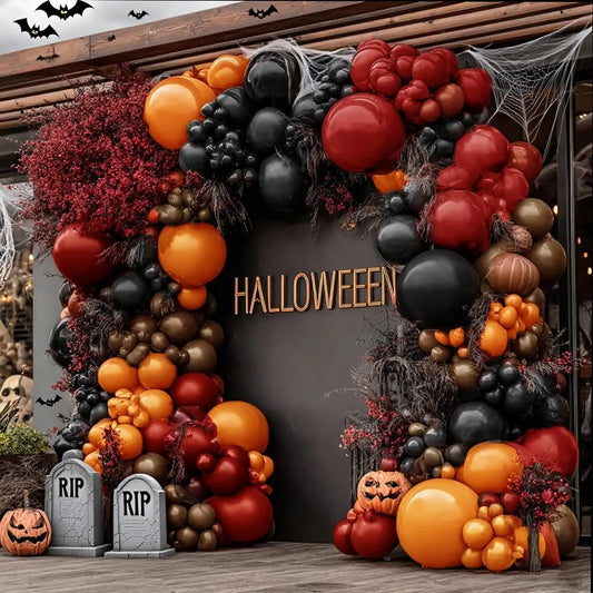 Halloween Balloon Garland, Double Stuffed Black Orange Red Dark Burgundy Brown Balloon Arch Kit for Halloween Decor Spooky Trick or Treat Fall Party Decorations
