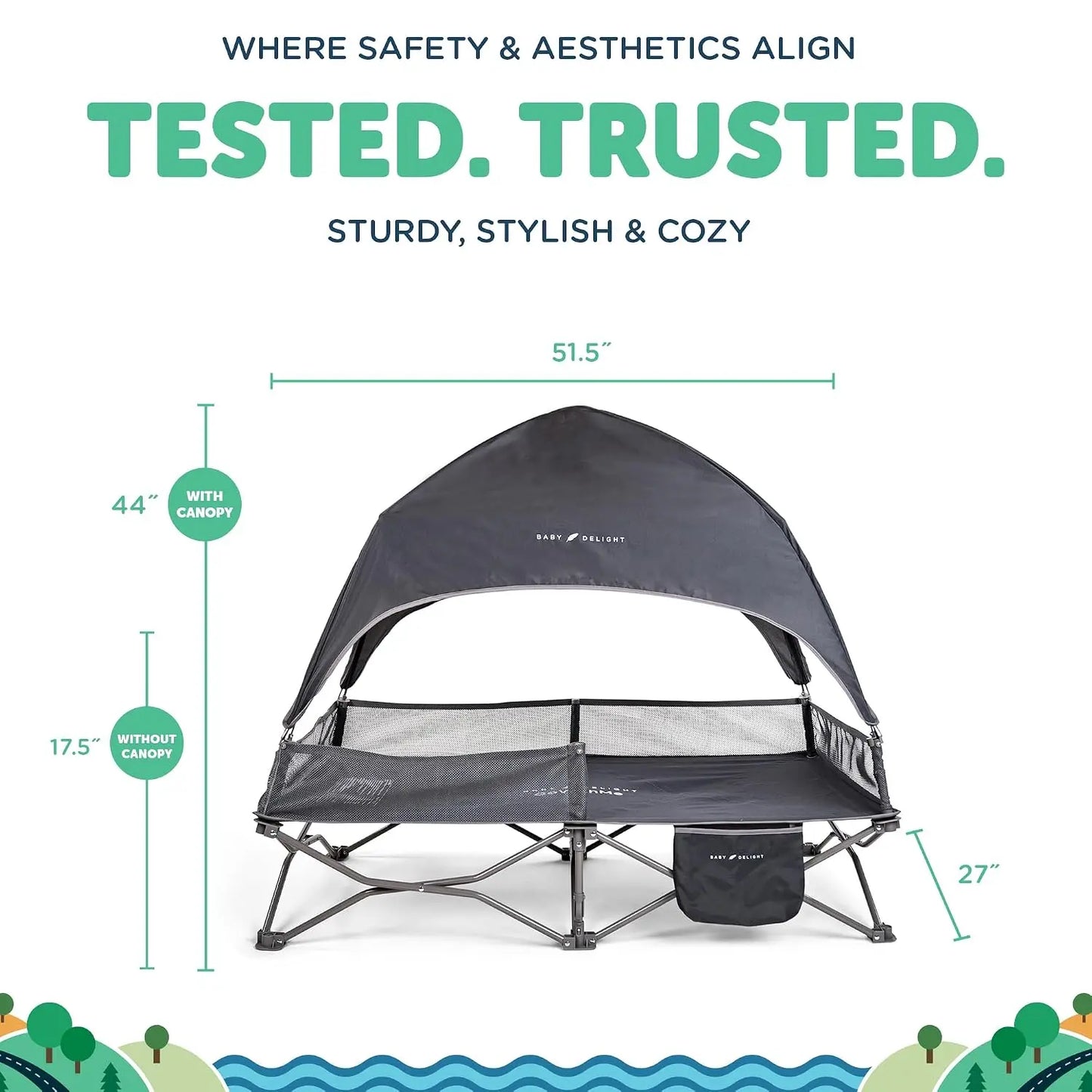 Portable Travel Cot for Toddlers with Sun Canopy, Indoor Outdoor Baby Bed, Folding Camping Crib, Grey