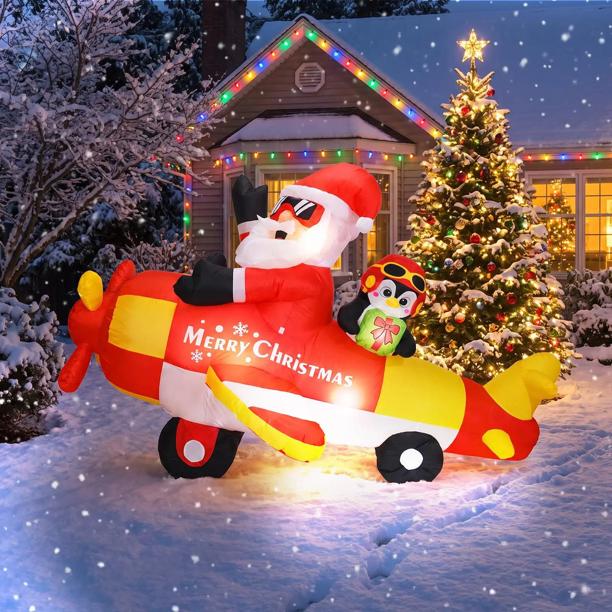 Himmiss Christmas Inflatable Santa Airplane With Penguin Outdoor Decor