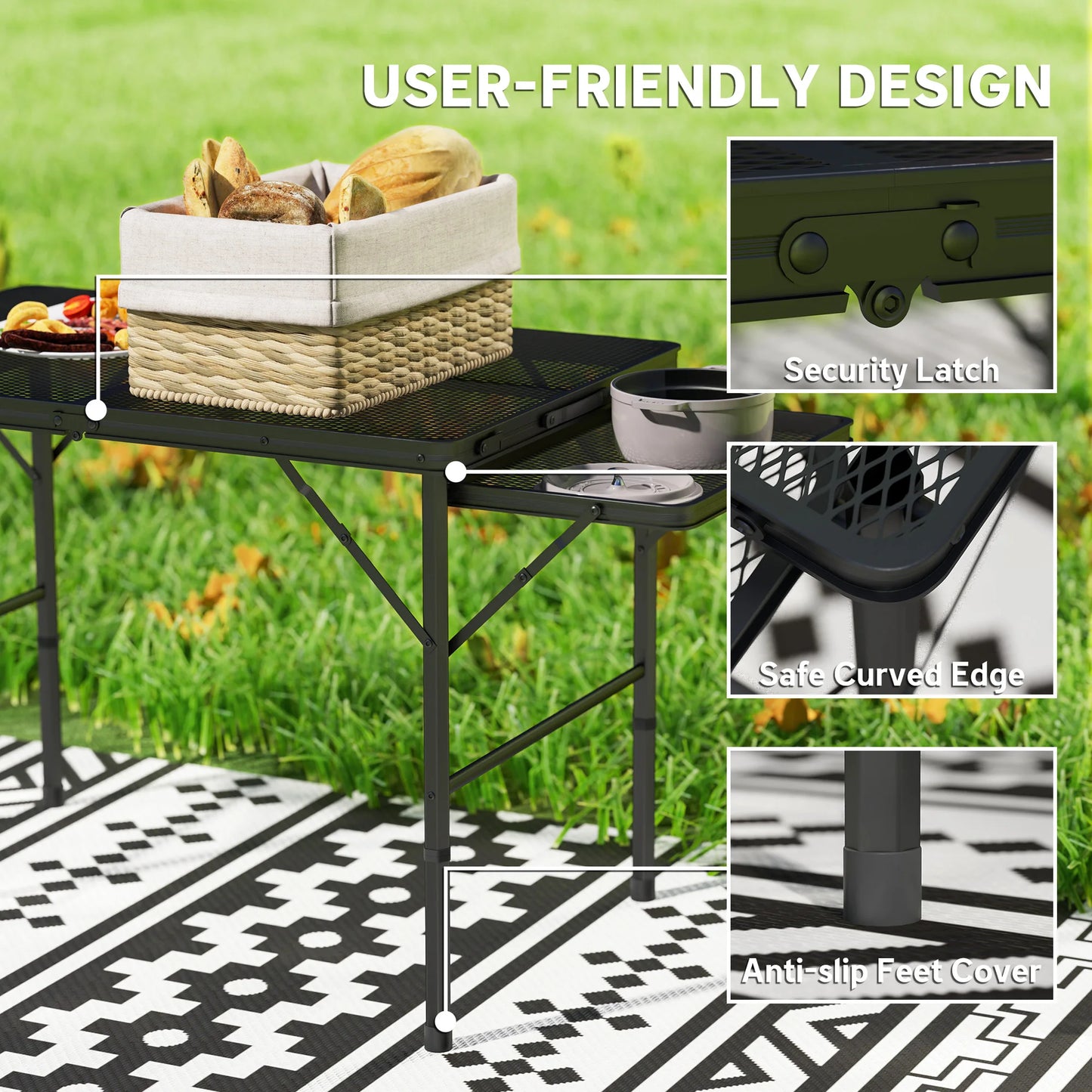 Folding Grill Table, 4.5ft Portable Camping Table W/ Wing Panels