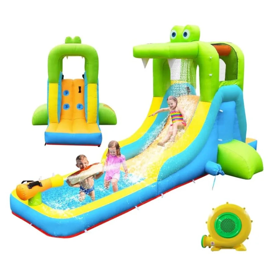 Iatable Water Slide - Crocodile Theme Bounce House Water Park with Blower, Climbing Wall, Splash Pool, Water Cannon, Blow up To